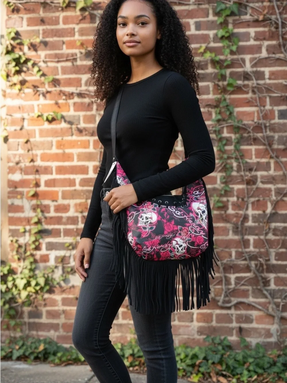 Ed Hardy Edgy Pink Skull Fringe Hobo Shoulder Bag